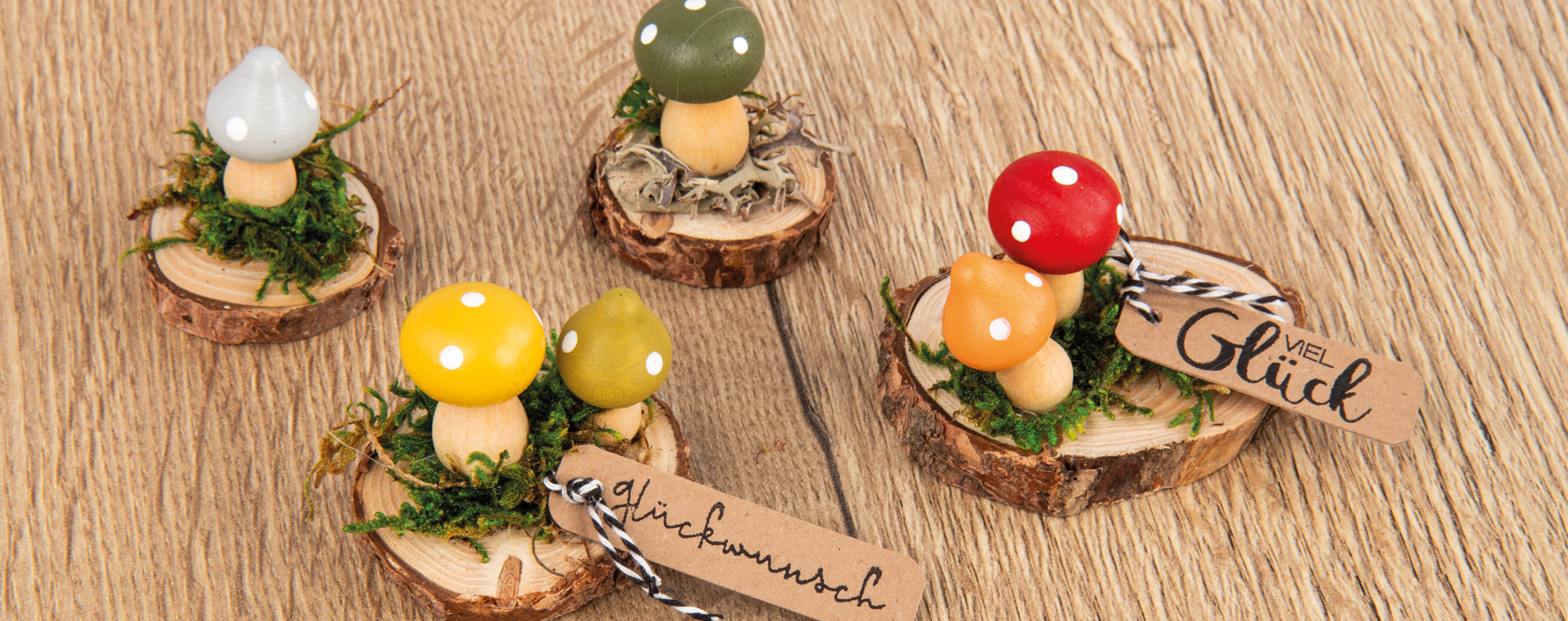 Wooden mushrooms on a wooden pine slice