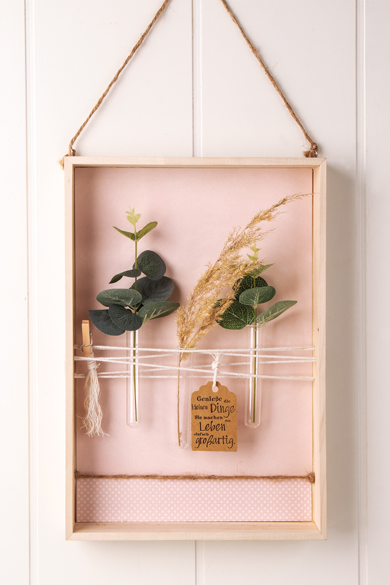 Wooden frame with test tubes