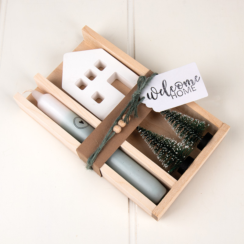 Wooden tray with house and candle