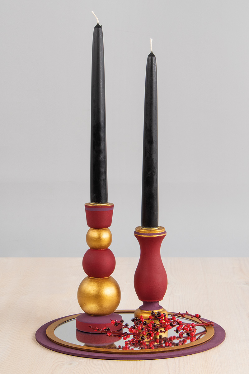 Wooden mirror tray with candlestick