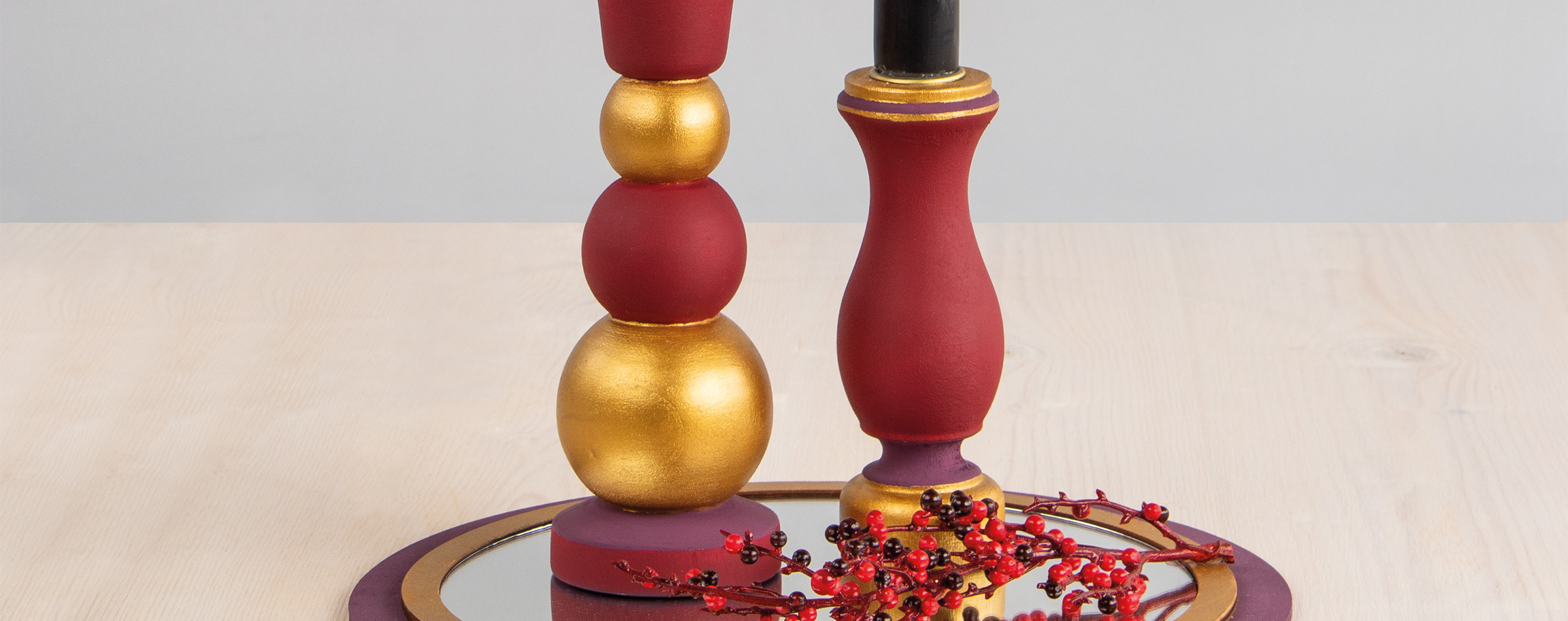 Wooden mirror tray with candlestick