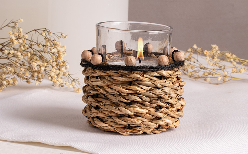 Windlicht-Glas mit Seegras-Seil
